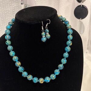 Blue and Gold Swirl Beaded Necklace and Earring Set